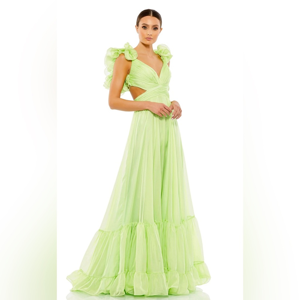 Mac Duggal Lime Green Ruffle Cutout Chiffon Gown